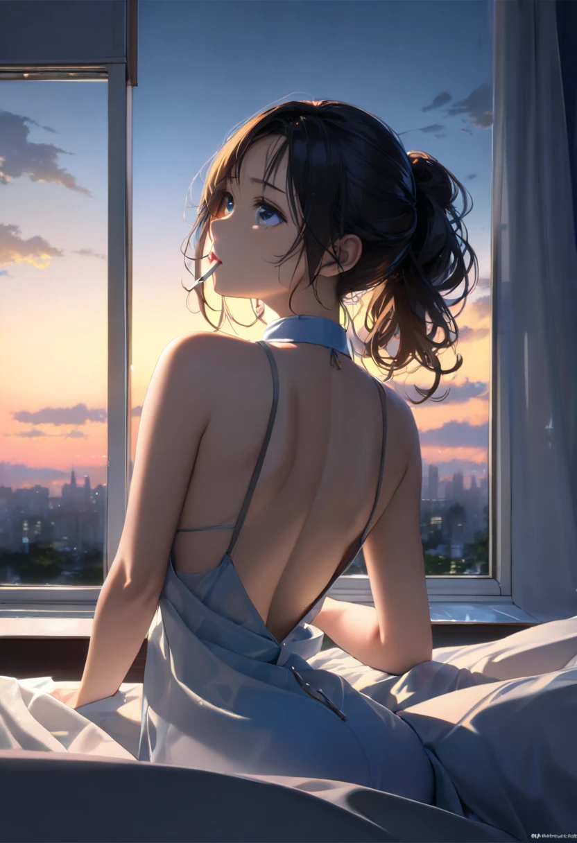 ((Masterpiece)), (Anime:1.5), ((best quality)), (RAW photo:1.2), (High Definition:1.3), (Professional Photography:1.2), (chromatic aberration), 1girl, ((12years old)), 8K, from behind, wide-shot, cinematic lighting, very messy hair,(Sit on the dirty roof), sunset, (tattered and dirty oversized white-camisole), (Slender small breasts), slum townscape, Textured skin, cat ears, pale brown hair, Cute Beautiful girl