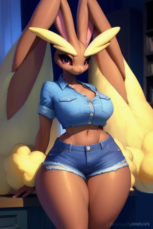 uploaded on e621, explicit content, 3d:0.7, cutesexyrobutts, hioshiru, female, solo, lopunny, short round fluffy tail, bedroom setting, (fitted denim crop button-up with rolled sleeves, Jean shorts), (large breasts, natural breasts, breast sag:0.8), thick thighs, wide hips, three-quarter portrait, closeup
