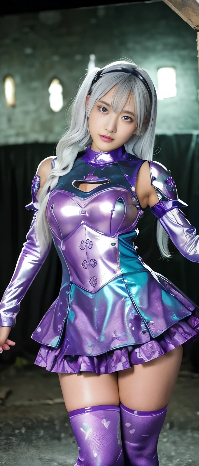 Pure Idol Knight Girl （ silver hair）、、Tanned Thick Legs 、、、 Zombie Print Tight Armor Dress（ Purple and Turquoise Blue ）、、、Good style、A pure girl's face、 Haunted House Castle 、Zombie Spear 、