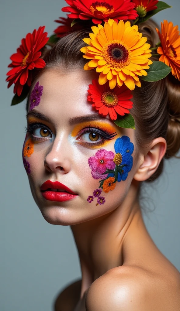 Create facial makeup with flowers, only flashy makeup