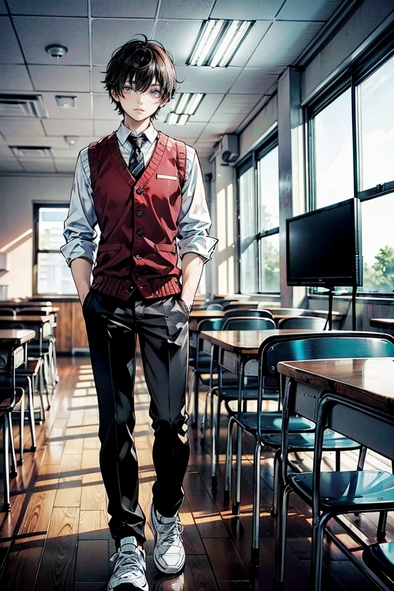 Wide full-body view, a man standing with his hands on a desk, 8K resolution, high detail, around 20 years old, (one male:1.5), black hair, long bangs:1.5, parallel eyebrows, sanpaku eyes, droopy eyes, dark red eyes, student-like attire, white shirt, dark red knit vest:1.5, black pants, black sneakers, bandaged neck, classroom, desks and chairs arranged haphazardly, black, dark red, dimly lit classroom, dark:1.5, ((UHD, masterpiece, super detail, best quality, high-res, 8k)), (detailed line art), {perfect face, perfect body, perfect hands, perfect feet}.