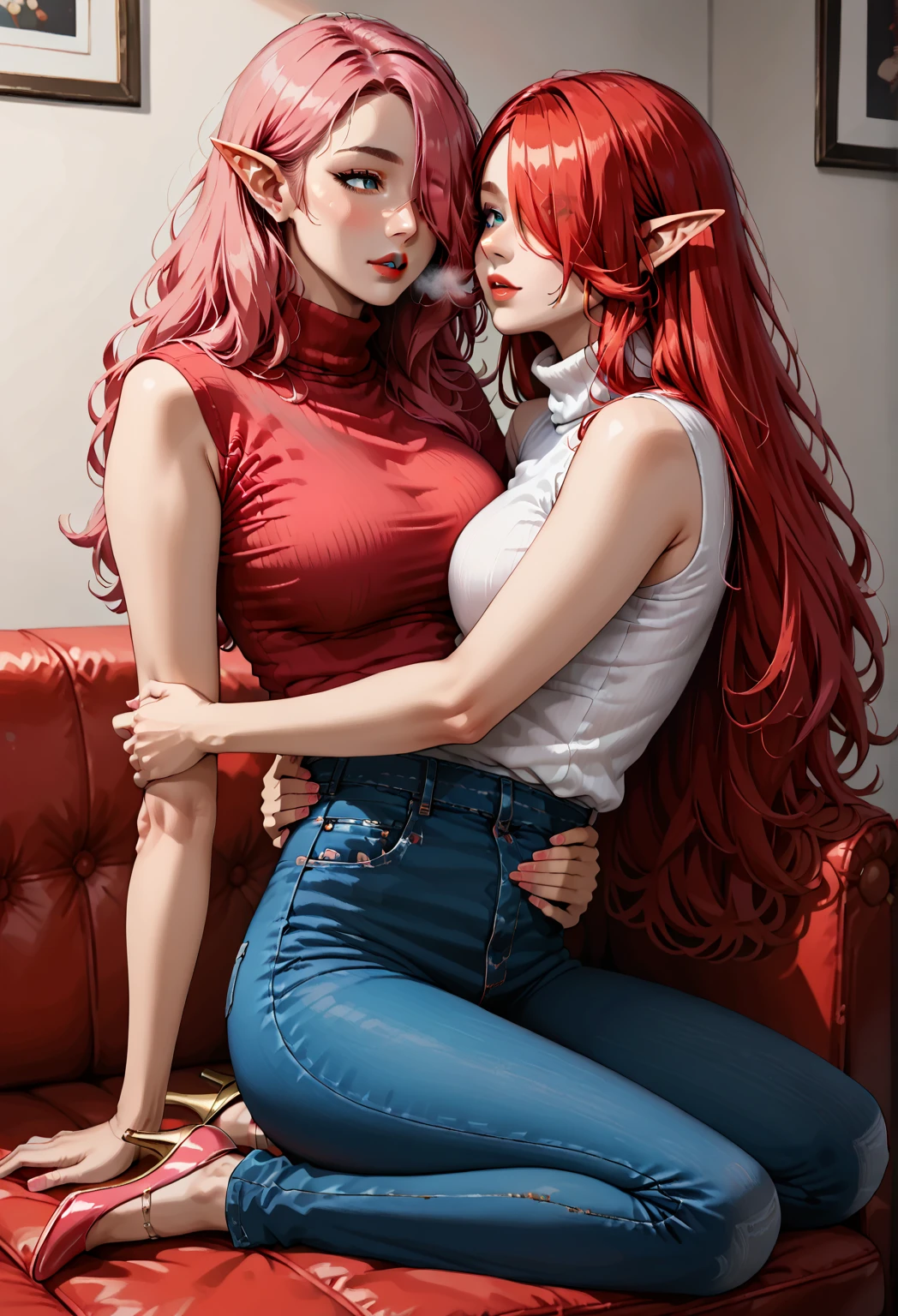 score_9, score_8_up, score_7_up, 2girls {Afemale_and_Bfemale}, Tag1: {Afemale: Adult, Mature, Curvy, Elf Woman: 1.3, (Long Red Hair over one eye: 1.6), wearing a (Long Sleeve Turtleneck Shirt with Blue Jeans and Black Stiletto High Heels: 1.3), (Bare Arms: 1.3), curvy: 1.3} and Tag2: {Bfemale: Adult, Curvy, Mature, Elf Woman: 1.3, (Long Pink hair over one eye: 1.3), wearing a (Pink Long Sleeve Turtleneck Shirt with Blue Jeans and Pink Stiletto High Heels: 1.3), (Bare Arms: 1.3), curvy: 1.3, midriff:1.3}, Lying on back on sofa, Arms around waist, hand in hair, about to kiss, Mouth Open, Breath Visible, eyes half open, leg lock around waist: 1.3, Medium Breasts: 1.3, (Close-up_from_side: 1.1),(two torsos:1.3)