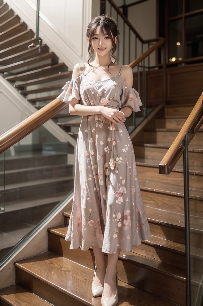  Japanese model woman in dress is standing on the stairs,  wearing a long floral dress , rococo ruffle dress, Art Nouveau dress ,  expensive voluminous dress ,  is wearing a long dress,  Modest Loose Gown ,  a dress that covers the whole body , Rococo Dress, Grape Dress、 looking at camera、 Detailed Beautiful Eyes 、 cute smile、 a soft and gentle expression 、The background is a deep forest