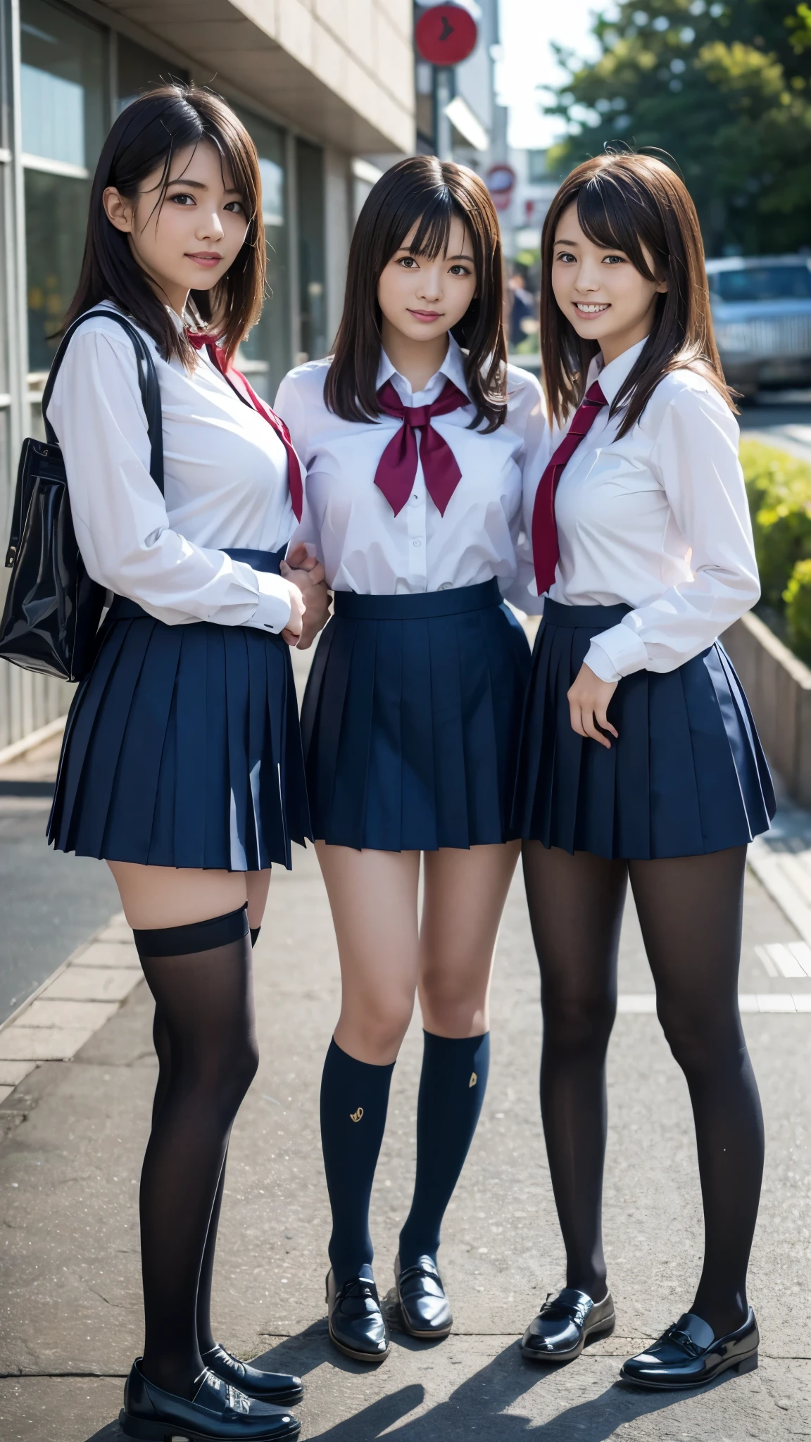  top quality ,masterpiece, super high res, high-definition RAW color photo staring at your feet, professional photos , natural skin texture, fine skin, hyperrealism , smiles, cute smile, Dark Blonde Hair ,( Japanese high school girls,gigantic breasts, high school girl uniform with the upper half tied ,Black pantyhose,asymmetrical docking),Navy pleated miniskirt,from side,Around town, shopping,Group of 3 high school girls snuggle up,High School Girls Cloaking Skin