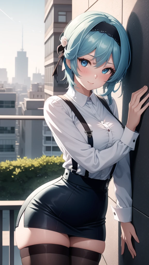 超 high resolution ,  high resolution ,  Highly Detailed , ( official art ,  beautiful and beautiful :1.2),  Super detailed ,  beautiful face , ((成熟woman)), woman, EU , black Hairband, Blue Hair, Hair accessories, Hairband, Short hair,  yellow pantyhose ,  blush,  Loving Smile , Wide hips,  thick thighs , Rift, ((Long-sleeved shirt)) and ((High waist skirt)), Suspenders,  black stockings in the library, (( Seductive Posture )), (Apartment balcony ), Dynamic Lighting, Dynamic Shadows, ((fit)), ((  leaning against the wall ))