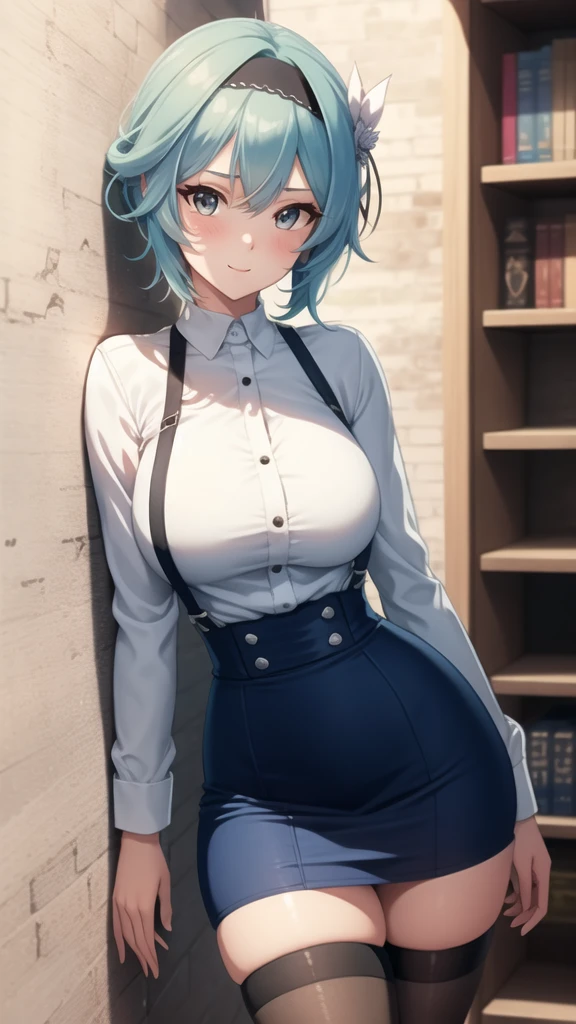 超 high resolution ,  high resolution ,  Highly Detailed , ( official art ,  beautiful and beautiful :1.2),  Super detailed ,  beautiful face , ((成熟woman)), woman, EU , black Hairband, Blue Hair, Hair accessories, Hairband, Short hair,  yellow pantyhose ,  blush,  Loving Smile , Wide hips,  thick thighs , Rift, ((Long-sleeved shirt)) and ((High waist skirt)), Suspenders,  black stockings in the library, (( Seductive Posture )), (Apartment balcony ), Dynamic Lighting, Dynamic Shadows, ((fit)), ((  leaning against the wall ))