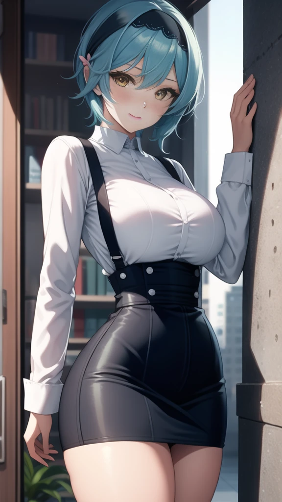 超 high resolution ,  high resolution ,  Highly Detailed , ( official art ,  beautiful and beautiful :1.2),  Super detailed ,  beautiful face , ((成熟woman)), woman, EU , black Hairband, Blue Hair, Hair accessories, Hairband, Short hair,  yellow pantyhose ,  blush,  Loving Smile , Wide hips,  thick thighs , Rift, ((Long-sleeved shirt)) and ((High waist skirt)), Suspenders,  black stockings in the library, (( Seductive Posture )), (Apartment balcony ), Dynamic Lighting, Dynamic Shadows, ((fit)), ((  leaning against the wall ))