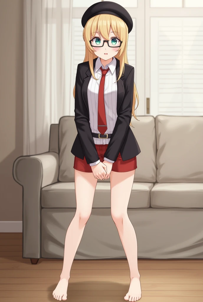 score_9, score_8_up, score_7_up, rating_explicit, 1girl, solo, MahiruShiina, otonari no tenshi-sama ni itsu no mani ka dame ningen ni sarete ita ken, shiina mahiru \(otonari no tenshi-sama\), yellow eyes, blonde hair, long hair, straight hair, medium breasts, white collared shirt, red bowtie, blazer, long sleeves, brown skirt, brown skirt, white panties, brown pantyhose, crossed legs, sweat, looking at viewer, sofa, sitting on sofa, white pillow, indoors, living room background, blush, open mouth, 