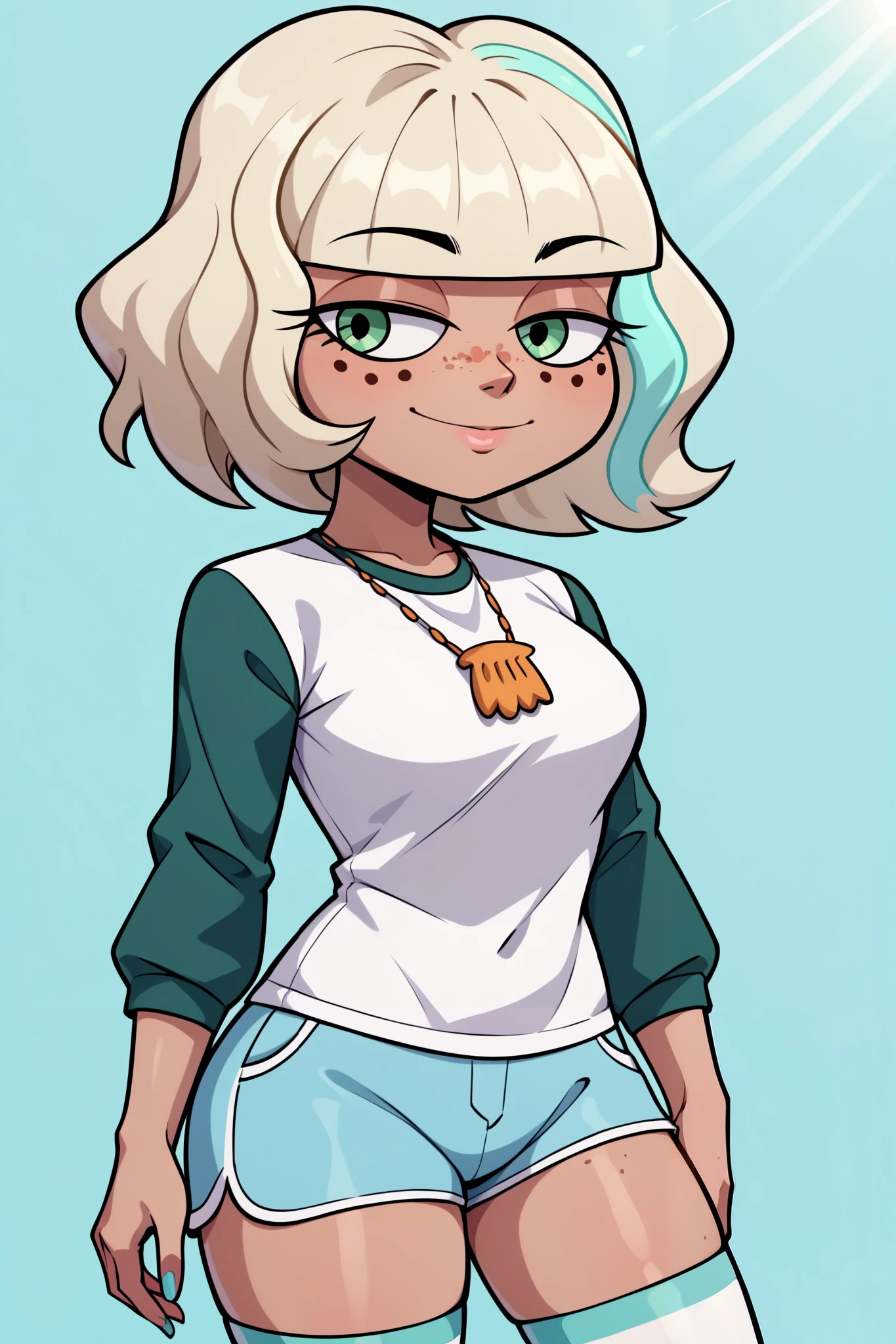 ((jackie lynn thomas)), ((masterpiece)), ((cartoon style)), {(attractive figure), (eccentuated curves), (tan skin), (freckles), (short bleach-blonde hair), (green eyes), (half lidded eyes), (long eyelashes), (cute smile)}, {(white long sleeve shirt), (turquoise shorts), (thighhigh socks)}, ((park)), ((sun rays))