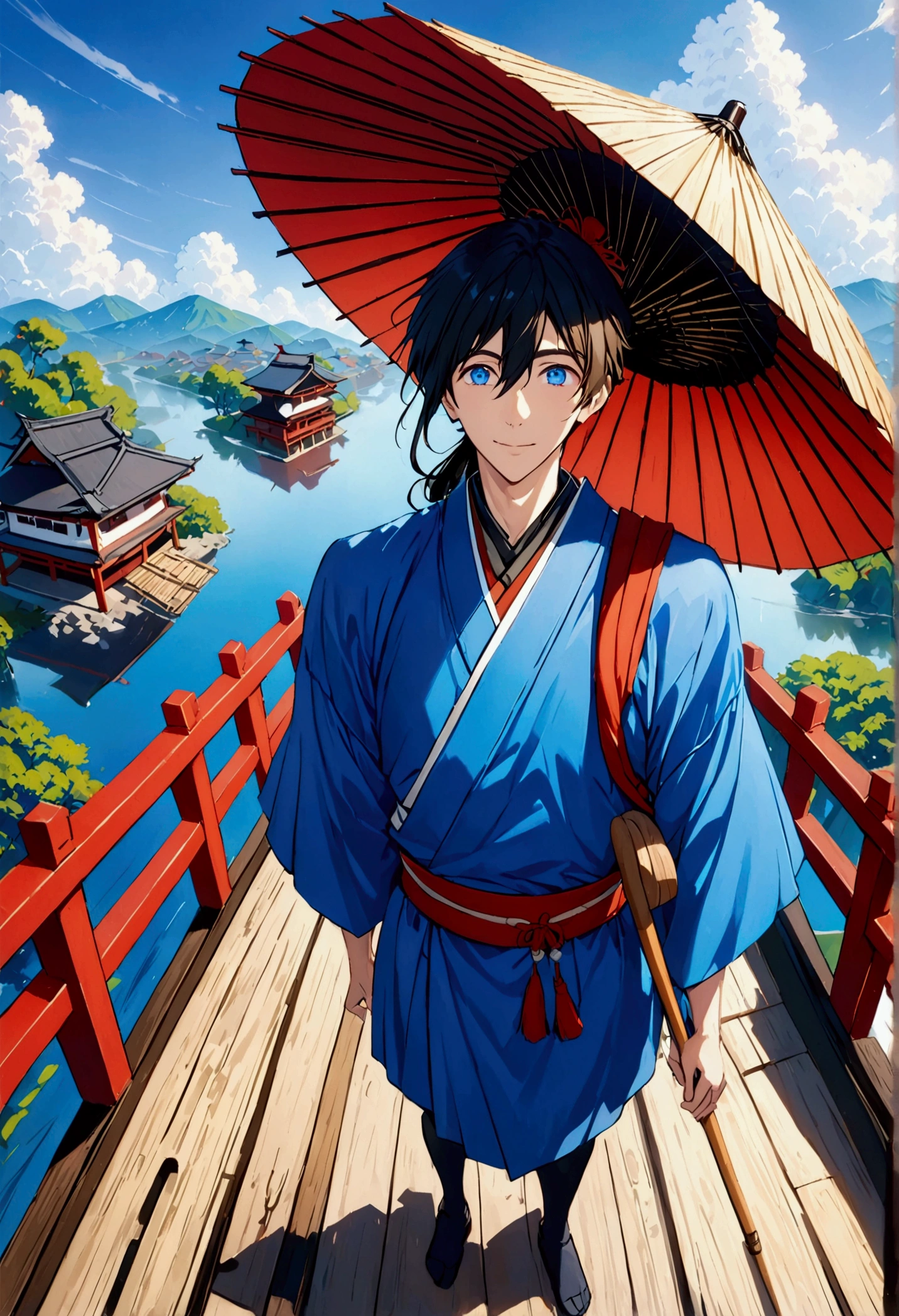 Blue kimono, medium-long hair, bright blue eyes,  anime boy ，Standing on an ancient red Japanese-style wooden bridge holding a wooden umbrella against the camera Smiling Japanese architecture Cloudy in the sky