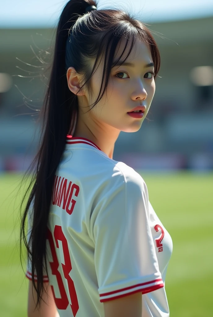 long black hair, black eye, cute, wearing a baseball uniform, against the blue sky, Surrounded by nine baseball boys.