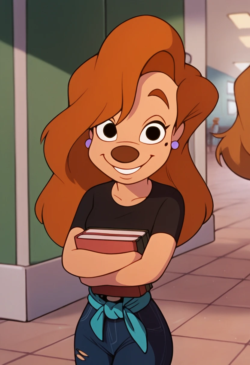 Roxanne, 1girl, solo, brown hair, holding, long hair, earrings, book, black crop top, holding book, black eyes, crossed arms,  smile, indoors, torn jeans, black clothes around waist, tile floor, furry female,score_9, score_8_up, score_7_up, score_6_up, score_5_up, score_4_up, looking at viewer, smile, cowboy shot,