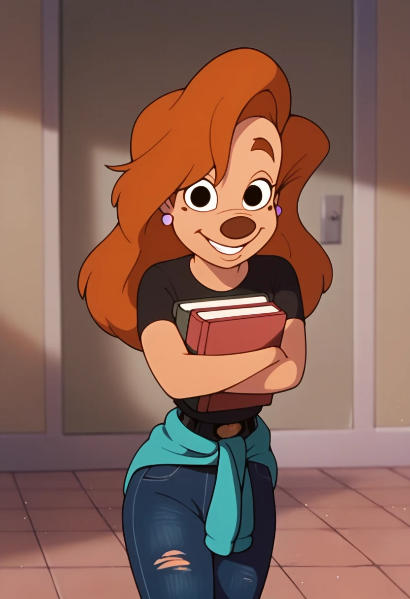 Roxanne, 1girl, solo, brown hair, holding, long hair, earrings, book, black crop top, holding book, black eyes, crossed arms,  smile, indoors, torn jeans, black clothes around waist, tile floor, furry female,score_9, score_8_up, score_7_up, score_6_up, score_5_up, score_4_up, looking at viewer, smile, cowboy shot,