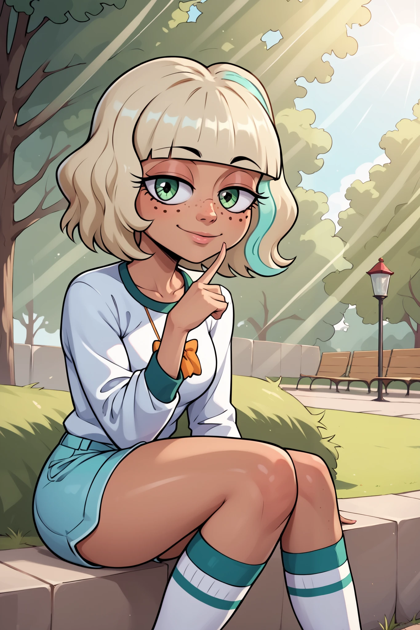 ((jackie lynn thomas)), ((masterpiece)), ((photorealistic)), {(attractive figure), (eccentuated curves), (tan skin), (freckles), (short bleach-blonde hair), (green eyes), (half lidded eyes), (long eyelashes), (cute smile)}, {(white long sleeve shirt), (turquoise shorts), (thighhigh socks)}, ((park)), ((sun rays))