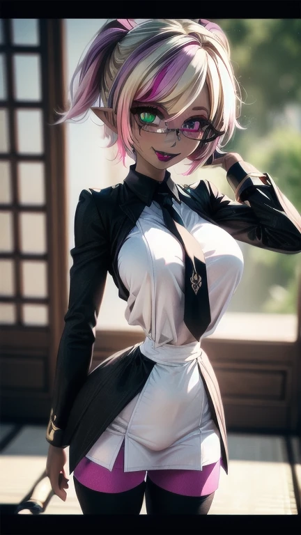 alone , (Front light:1.4),  dark elf , high school girl, Japanese gal , (under rin glasses:1.6) ,(((Transparent box)))
 , ((Place your hands behind your head)) ,
 , Emphasis on the crotch , 
 , sexual excitement ,
 , Noise Reduction , 
(blonde colored eyebrows:1.2)  , gothic style , (high Detailed eyes:1.7) , slant eyes , (heterochromia:1.4) , Wine red eye , Turquoise green eye , bright place , classroom , elf ears , many piercing , (detailed face:1.4) , (perfect eyes) , Long Hair , (two side up hair style:1.3) , (blond hair:1.4) , (pink hair:1.6) ,(multicolored hair1.7), (two-tone hair:1.3), streaked hair , Covered breasts, (dark brown skin:1.7), tight corset , detailed legs, choker ,  warm lighting , elf ears, hoop earrings, ear piercing , mole under the eye ,(black colored Ladies blazer:1.4) , (red colored skirt1.5) , (black colored shirt:1.3) , neck tie , long neck , garter belt ,black colored panty , skirt lift, skirt lift by myself, clothes lift, thigh high socks , detailed legs, (evil smile:1.4) , grin , contortionist ,  flexible , rough breathing  ,(Purple lips:1.4),(black eyeshadow:1.6) , (Big Breasts1.6) , Tight waist, micro waist , large breasts , Purple lip gloss , gaze, knee socks , Detailed body , Very detailed painting, Luminism、4K resolution、3D rendering , Exquisitely crafted ,Digital photography soft natural light, long nails、, high definition , masterpiece, Purple lipstick, Purple lip gloss , rough breathing, Purple lip, (shiny skin, gleaming skin), looking down (at opponent) , 