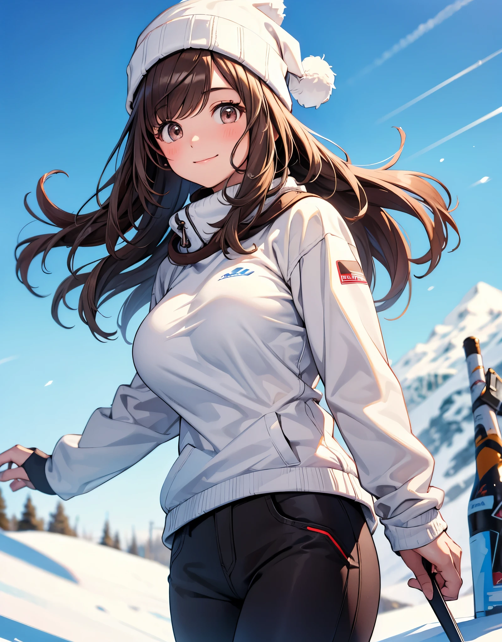One girl , solo, high res, , ( Big Breasts ), Look away, blush, smiles, long hair, bangs, brown eyes, high res, masterpiece, accurate, anatomically correct, won numerous awards, 最 High Quality , High Details, high definition model , High Quality , retina, very detailed, Ultra Fine, Brown Hair, standing, (((blue and white ski wear))), ski resort, Knitted hat, goggles, Pants Style , ,