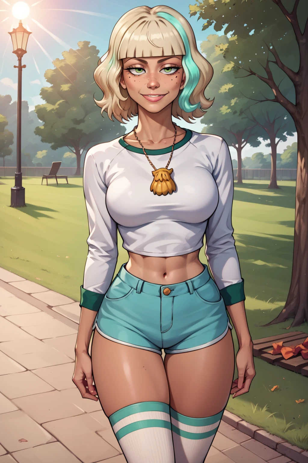 ((jackie lynn thomas)), ((masterpiece)), ((photorealistic)), {(attractive figure), (eccentuated curves), (tan skin), (freckles), (short bleach-blonde hair), (green eyes), (half lidded eyes), (long eyelashes), (cute smile)}, {(white shirt), (green long sleeves), (turquoise shorts), (thighhigh socks), (yellow shell necklace)}, ((park)), ((sun rays))