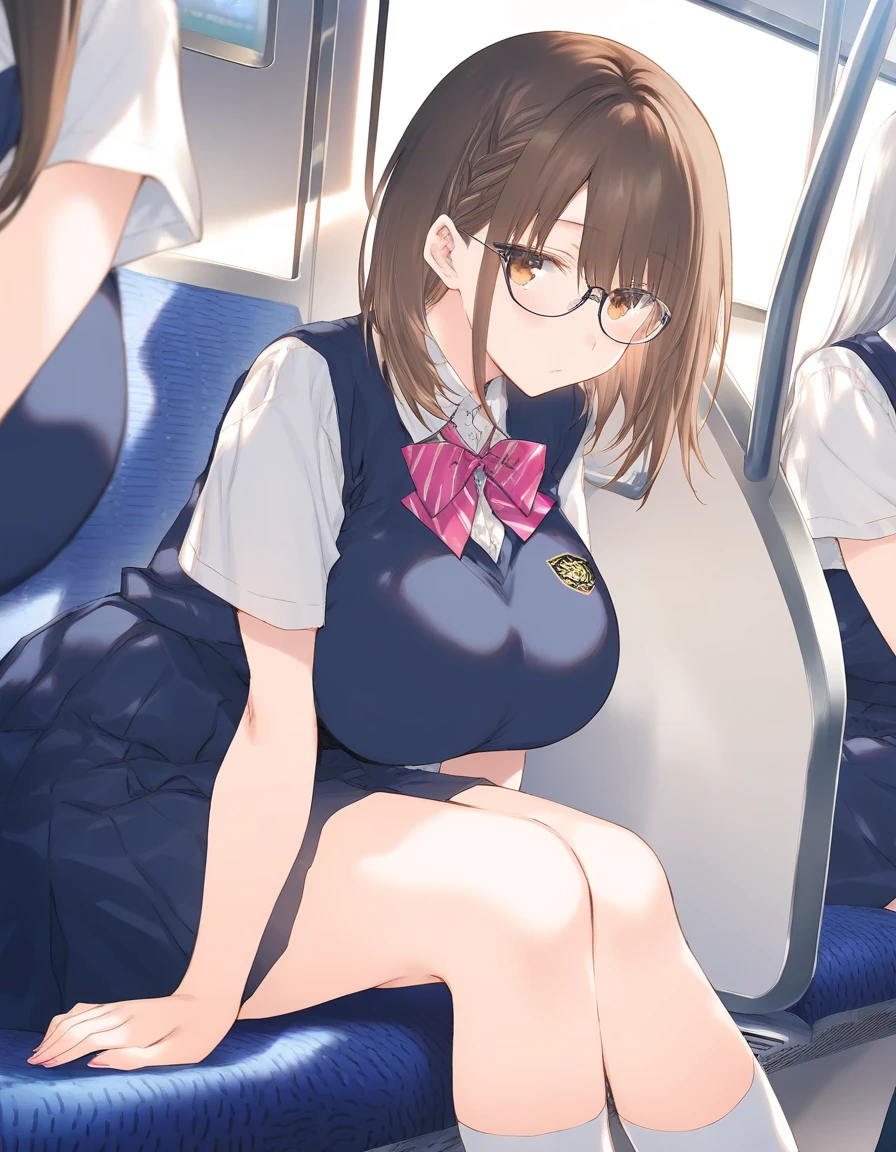  One girl ,   ,  school uniform,  Shorthair,  Beautiful breasts ,Big Breasts、 Glasses, jitome,   open mouse, train_ interior , Game CG break ,(( artist :_)),( artist :Mitsumi_Misato),( artist : Fujiyama ),,(masterpiece), ( top quality ), ( Ultra Detailed),   very aesthetic  , up to date, BEAUTY ILLUSTRATION , super detailed skins,  (masterpiece), ( top quality ), ( Ultra Detailed),   very aesthetic   lighting,hi resolution, absurd_resolution,2023,2024,(There is a shadow), digital media  ( artwork),  realistic lighting , 4K, 8k, lower angle 　crowd　 middle-aged fat old man　Sneaking up　Molester