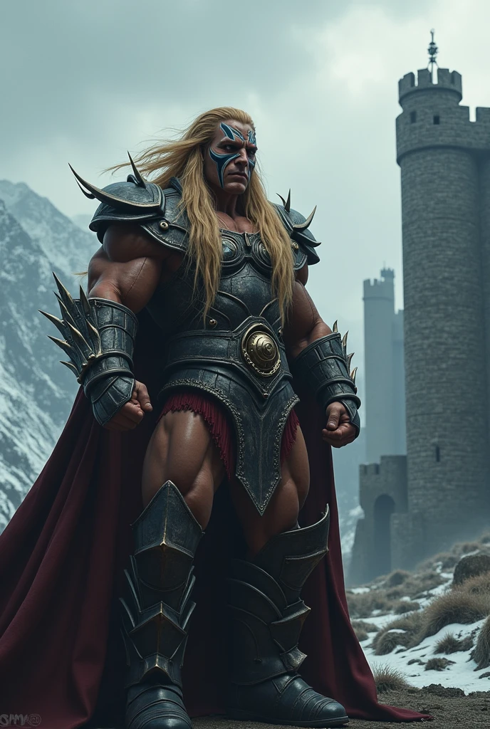 A muscular male barbarian fighting a dragon in front of a gray castle with a giant skull on the front of it. He has blonde hair, a hairy chest, and is carrying a spear.