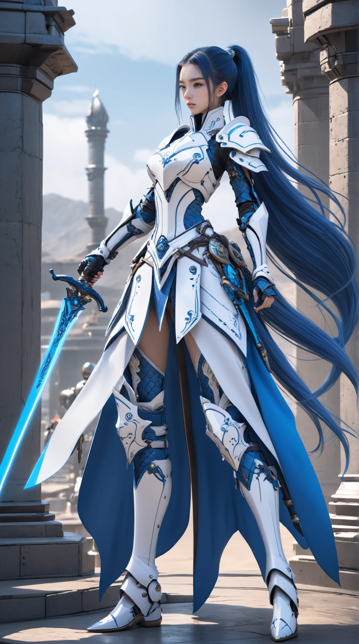 fantasy world， A Human Weapon Woman，single ponytail,  Blue Very Long Hair,  White Mechanical Armor ，Handmade Sword ， high detail（1.2），precise， watching people  , 8k Octagonal Rendering, 