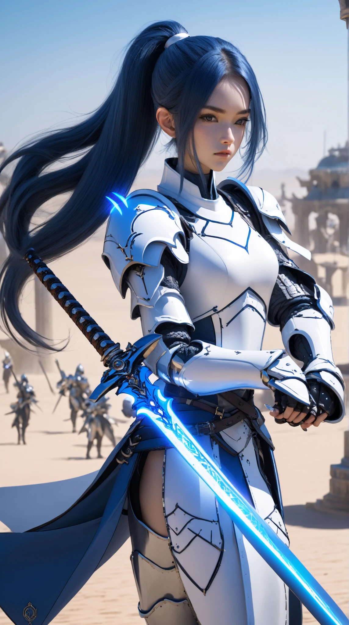 fantasy world， A Human Weapon Woman，single ponytail,  Blue Very Long Hair,  White Mechanical Armor ，Handmade Sword ， high detail（1.2），precise， watching people  , 8k Octagonal Rendering, 