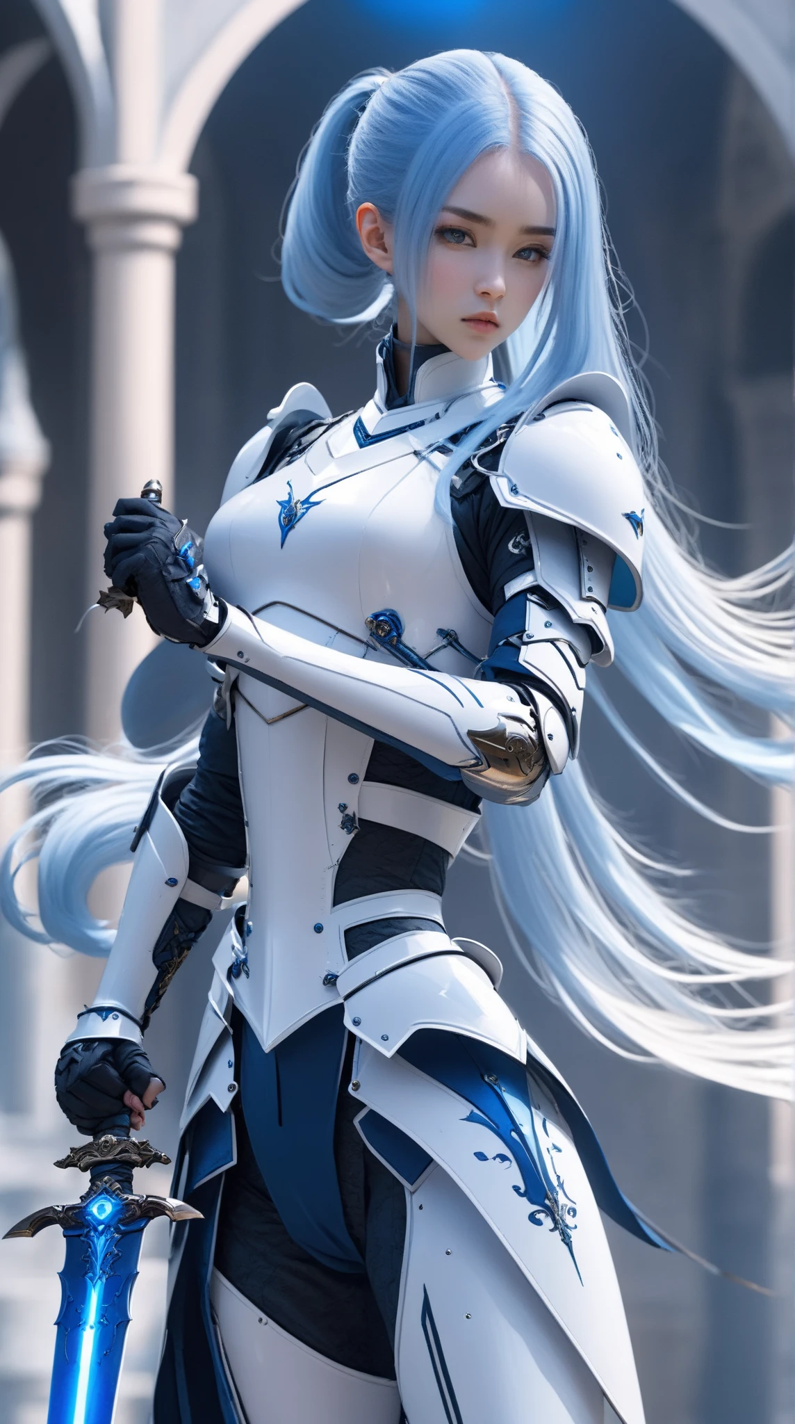 fantasy world， A Human Weapon Woman，single ponytail,  Blue Very Long Hair,  White Mechanical Armor ，Handmade Sword ， high detail（1.2），precise， watching people  , 8k Octagonal Rendering, 