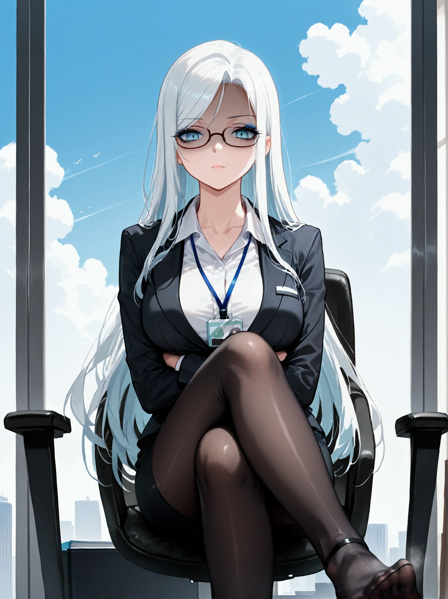 1girl, white hair, long hair, straight hair, sky blue eyes, eyeliner, eyelashes, glasses, shaded face, office lady, business suit, lanyard, skirtsuit, pencil skirt, black pantyhose, pumps hanging down, sitting on chair, crossed arms, arms under breasts, crossed legs, office, foot focus, soles, steamy feet, low-angle view, full body view,