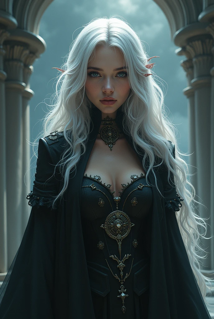 A female sim. Pale skin, silver hair, intense eyes. Long coat or robe. Slightly otherworldly. Formal wear