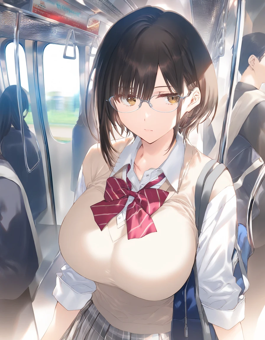  One girl ,   ,  school uniform,  Shorthair,  Beautiful breasts ,Big Breasts、 Glasses, jitome,   open mouse, train_ interior , Game CG break ,(( artist :_)),( artist :Mitsumi_Misato),( artist : Fujiyama ),,(masterpiece), ( top quality ), ( Ultra Detailed),   very aesthetic  , up to date, BEAUTY ILLUSTRATION , super detailed skins,  (masterpiece), ( top quality ), ( Ultra Detailed),   very aesthetic   lighting,hi resolution, absurd_resolution,2023,2024,(There is a shadow), digital media  ( artwork),  realistic lighting , 4K, 8k, lower angle 　crowd　Middle-aged man　Sneaking up　Molester