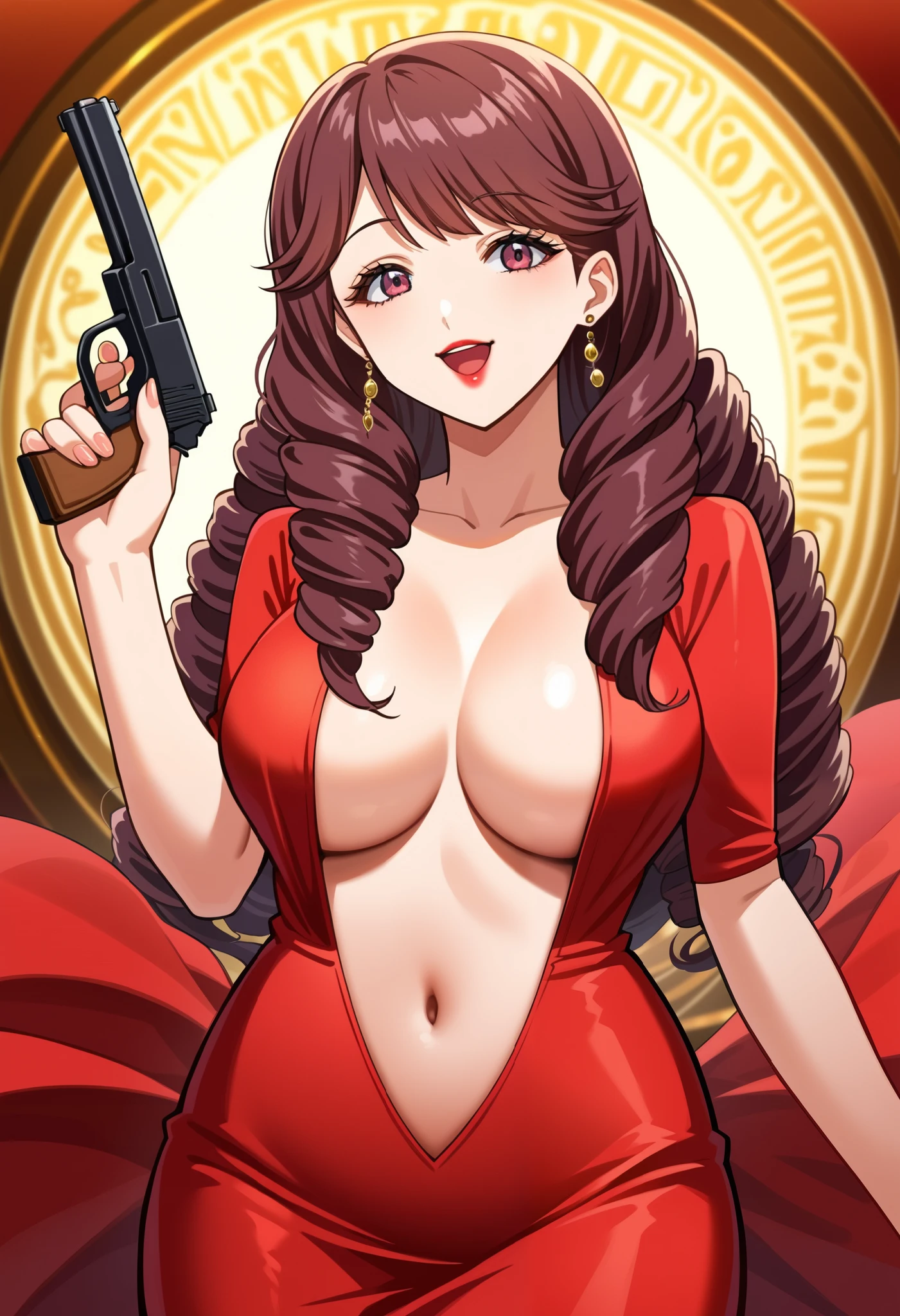 score_9, score_8_up, source_anime, 1girl, solo, KurayoshiRino, long hair, drill hair, brown hair, lipstick, large breast, masterpiece, best quality, highly detailed, a anime girls in long dress with navel cutout posing for a
picture, evil smile, smile, open mouth, (nsfw) not safe for work, revealing dress, beautiful dress center
opening , long dress with bellybutton showing, ecchi anime style, anime girls, ecchi style, ecchi, digital
anime art!!, in anime style, official artwork, visual novel cg, beautiful anime girl, anime style 4 k, exposed
navel, exposed bellybutton, jewelry, earrings, complex detailed background, casino environment, fancy
interior environment, rich interior, holding a gun, holding pistol,