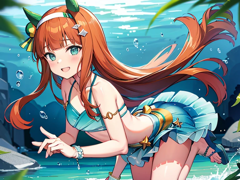 (masterpiece, best quality), best resolution, (2heads:1.5), 1girl, mermaid, happy, different facial expressions, winking, mouth open, mouth closed, smiling, orange hair, blue eyes, underwater, fish swimming around, genshin impact style