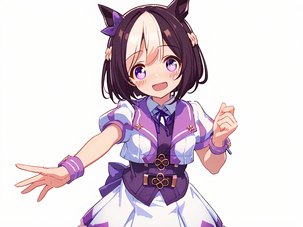 best quality, absurdres, masterpiece, 1人の女の子
special week \(Uma Musume\), 
ear bow, purple bow, puffy short sleeves, neck ribbon, blue ribbon, cropped jacket, white jacket, two-tone jacket, collared shirt, white shirt, purple vest, wristband, wrist cuffs, white skirt, pleated skirt, two-tone skirt, frilled skirt, frills,   zettai ryouiki, white thighhighs, white footwear, purple footwear, asymmetrical footwear, mismatched footwear, Durable sneakers, glad, smiling, embarrassed, standing, looking at viewer, in the field of flowers, surrounded by stars and stardust, at midnight, cute, beautiful, upper body, from front, moonlight, adult, 30-year-old, にっこり笑う, beautiful breasts