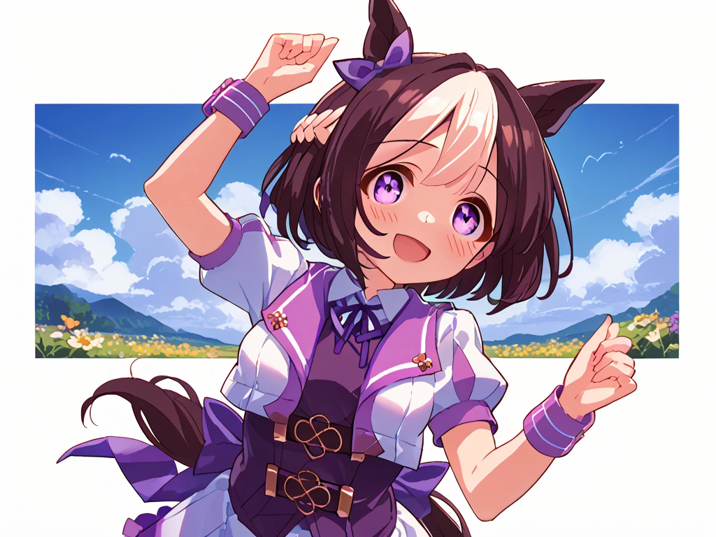 best quality, absurdres, masterpiece, 1人の女の子
special week \(Uma Musume\), 
ear bow, purple bow, puffy short sleeves, neck ribbon, blue ribbon, cropped jacket, white jacket, two-tone jacket, collared shirt, white shirt, purple vest, wristband, wrist cuffs, white skirt, pleated skirt, two-tone skirt, frilled skirt, frills,   zettai ryouiki, white thighhighs, white footwear, purple footwear, asymmetrical footwear, mismatched footwear, Durable sneakers, glad, smiling, embarrassed, standing, looking at viewer, in the field of flowers, surrounded by stars and stardust, at midnight, cute, beautiful, upper body, from front, moonlight, adult, 30-year-old, にっこり笑う, beautiful breasts