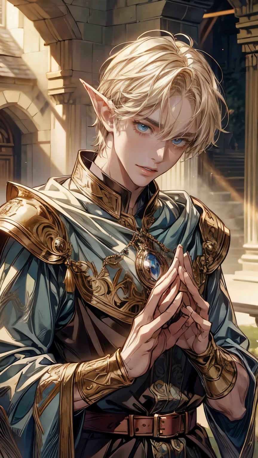 ((Best quality)), ((masterpiece)), (detailed), ((perfect face)), ((halfbody)) handsome face, male, teen boy,  perfect proportions , a character from anime legend of mana teardrop crystal, brown short hair, male version , peaceful church of domina scene, detailed church of domina background, detailed ghibli scenery background 
