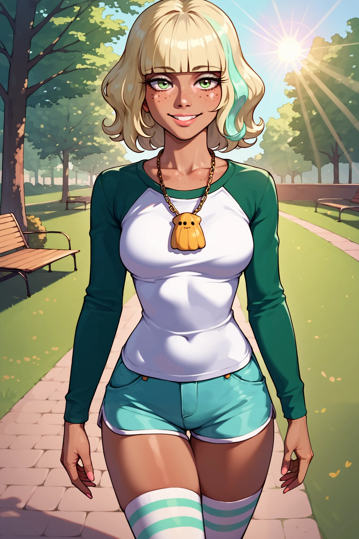 ((jackie lynn thomas)), ((masterpiece)), ((photorealistic)), {(attractive figure), (eccentuated curves), (tan skin), (freckles), (short bleach-blonde hair), (green eyes), (half lidded eyes), (long eyelashes), (cute smile)}, {(white shirt), (green long sleeves), (turquoise shorts), (thighhigh socks), (yellow shell necklace)}, ((park)), ((sun rays))