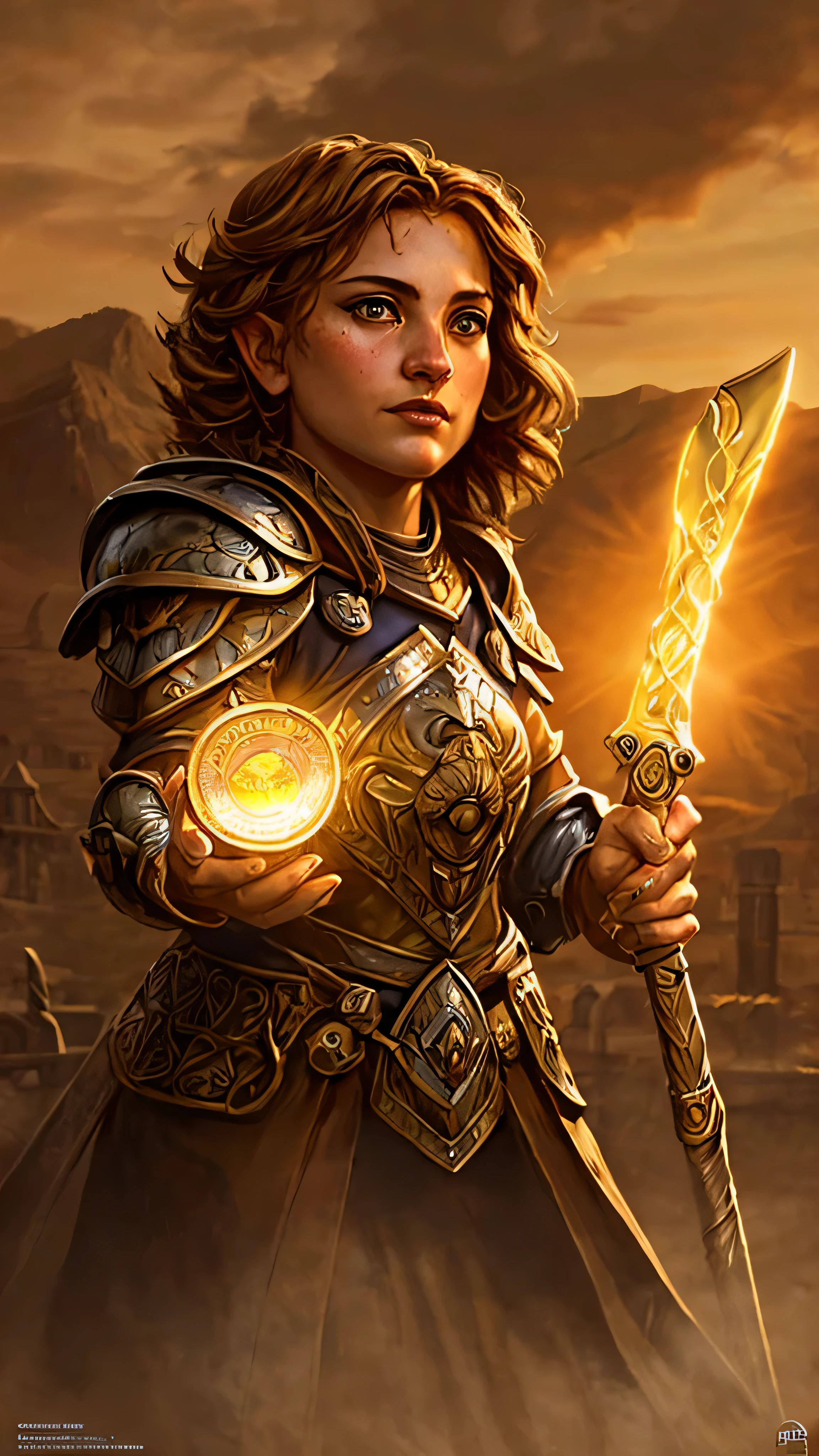 gnome, female, short stature, shortstack, big eyes, big ears, paladin, proud noble, middle length hair, ornate golden-and-silver armor, helmet, intricate engravings, wields gleaming blade, holds round radiant shield, divine light emanating, standing, heroic pose, grand mountainous landscape, sunrise, casting warm light, hope, righteousness, inspiring majestic atmosphere, (insanely detailed, beautiful detailed face, masterpiece, best quality), cinematic lighting, solo, (cowboy shot), front view, looking at viewer, intricate, high detail, sharp focus, dramatic, photorealistic painting art by greg rutkowski