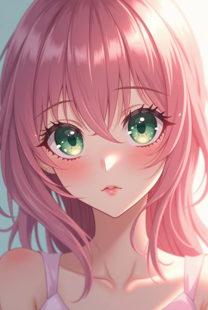 A close-up anime-style illustration of a young woman with long, flowing pink hair that cascades over her shoulders, creating soft, wavy strands with intricate highlights and shadows that give depth and dimension to her hair. Her hair partially covers one eye, adding to the enigmatic and gentle expression. She has large, expressive green eyes with intricate detailing in the pupils, including a small purple spot, giving them a sparkling effect. Thick, long eyelashes frame her eyes, and her eyebrows are finely drawn, enhancing the anime style. A subtle blush is visible on her cheeks, along with a faintly open mouth revealing her upper teeth, suggesting a neutral yet slightly surprised or curious expression. She's wearing a thin black choker necklace around her neck and a light gray spaghetti strap top with delicate lace trim around the neckline and shoulders. The top has a scooped neckline, and is slightly transparent, revealing her skin tone. The background is blurred, featuring indistinct outdoor elements such as plants and structures, suggesting a bright, sunny environment. The lighting is soft and diffused, coming from the left side, casting gentle shadows on her face and creating a balanced exposure that highlights her facial features and hair. The overall mood is serene, intimate, and contemplative, with a color palette dominated by shades of pink, green, peach, and beige, contributing to the warm and inviting atmosphere. The shallow depth of field emphasizes the character's face and upper body, creating a sense of closeness and intimacy with the viewer while maintaining a balanced and well-composed visual effect.