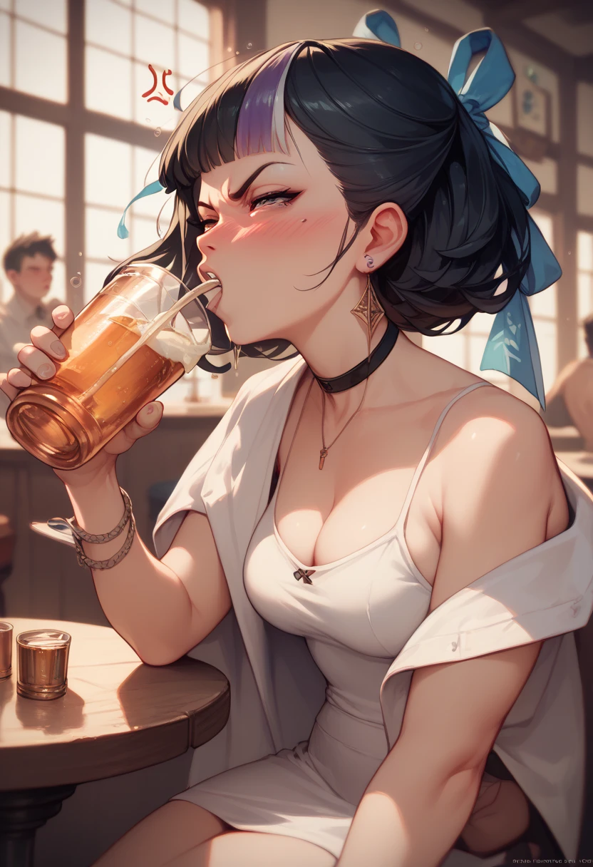 Suen,  short black hair, angry, drinking, drunk