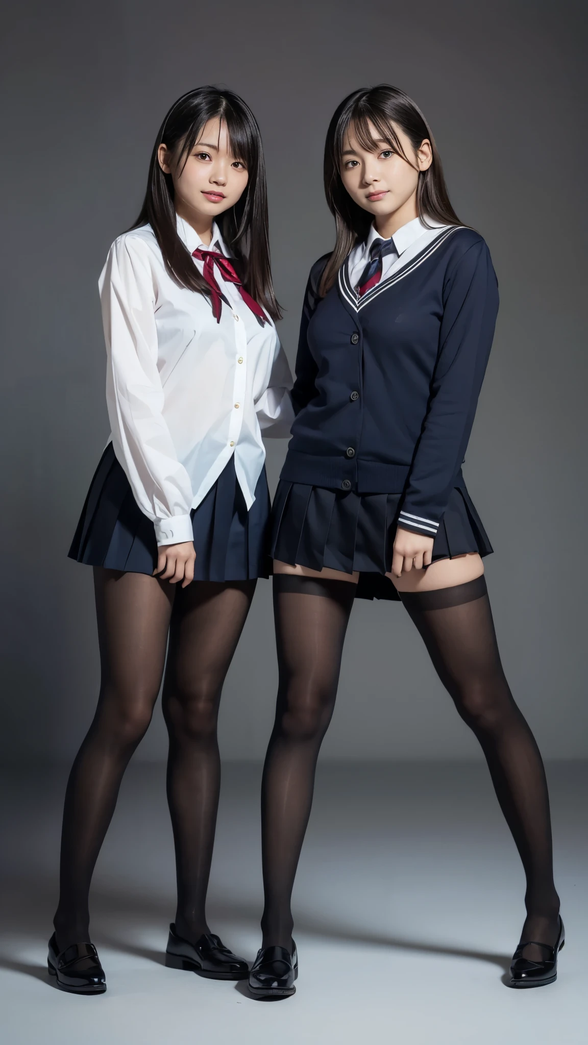  top quality ,masterpiece, super high res, high-definition RAW color photo staring at your feet, professional photos , natural skin texture, fine skin, hyperrealism , smiles, cute smile, Dark Blonde Hair ,(gigantic breasts, high school girl uniform with the upper half tied ,Black pantyhose,asymmetrical docking),from side,Two high school girls snuggle up,2 women close their skin ,( upper body lift with an emphasis on facial expression,minimal background )