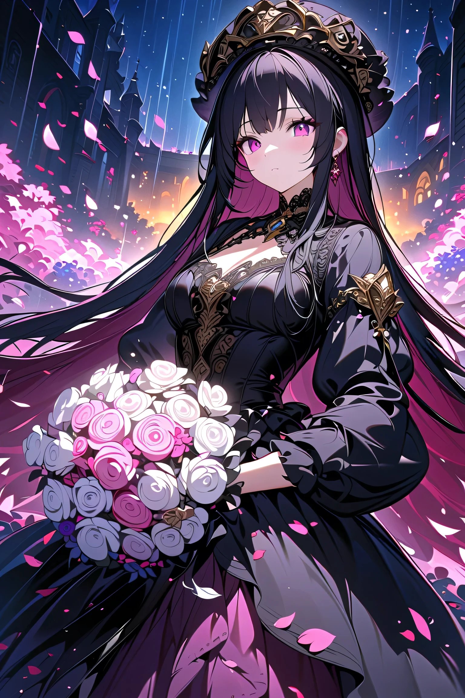 1girl,,face not visible,black Gothic dress,black hat,white bouquet,(holding white bouquet),standing,front,(black petals flying in profusion),Rain of petals,many petals,innumerable petals,petals floating in the air,Art Deco,Color Field painting,rococo style,chiaroscuro,cinematic lighting,large quantity of petals,night,dark fantasy,graveyard background,masterpiece,best quality,ultra detailed,8k portrait,unity 8k wallpaper,super fine illustration