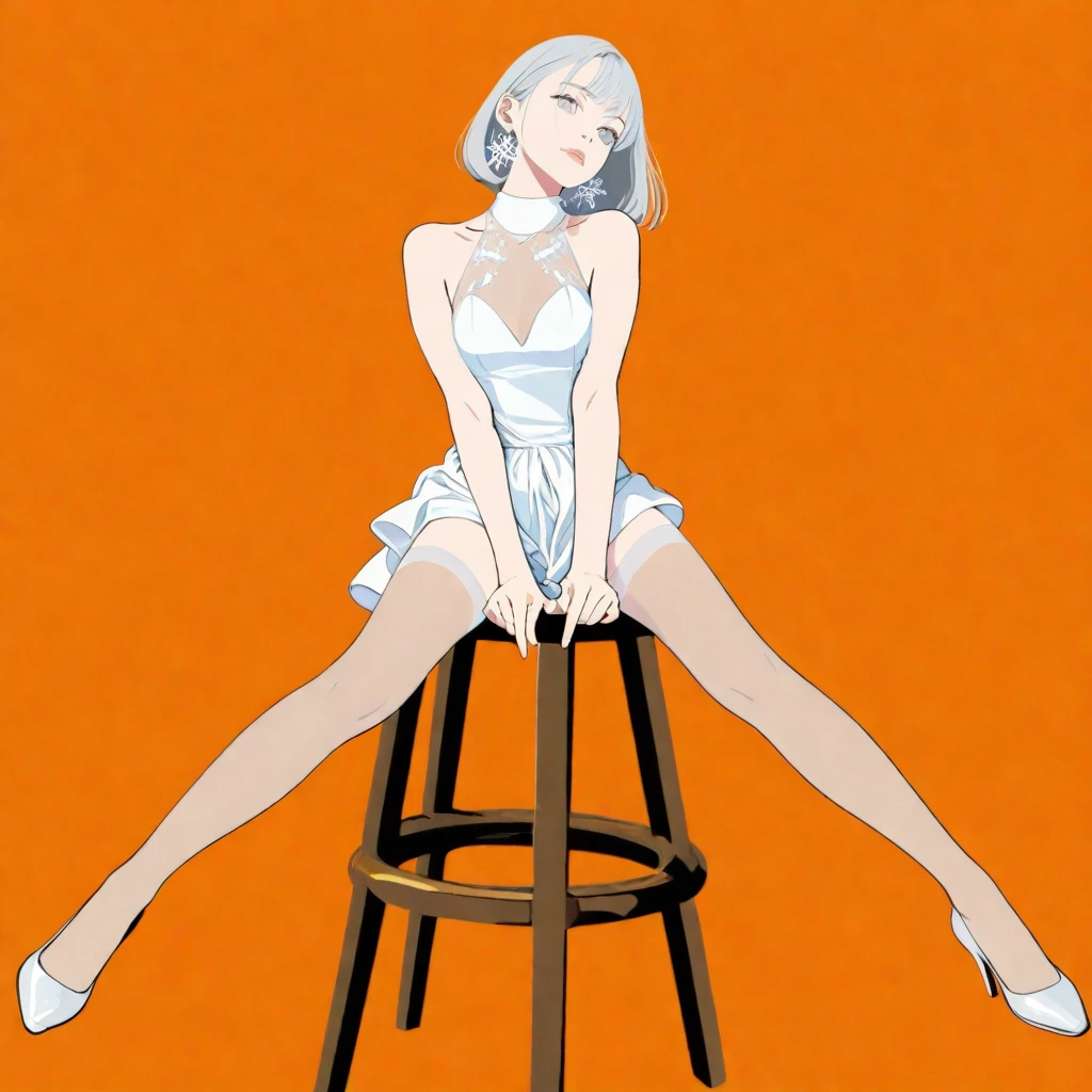 ((masterpiece)), ((top quality)), depth of field, high res, pops art style illustration, flat color illustration, vector trace illustration, not realistic, 2d shading, 1 female, 21 yo, cowboy shot, beautiful, charming, elegant, sitting on a stool, feminine gestures, perfectly detailed eyes, perfectly detailed face, perfect face, silver hair, bob hair, silver eyes, thin lips, bare shoulders, (balanced hands and fingers), (beautiful hands and fingers shape), slim waist, wearing a chiffon dress over a white bodysuit, snowflake earrings, white see-through stockings, pearl white heeled pumps, vivid orange background, simple background