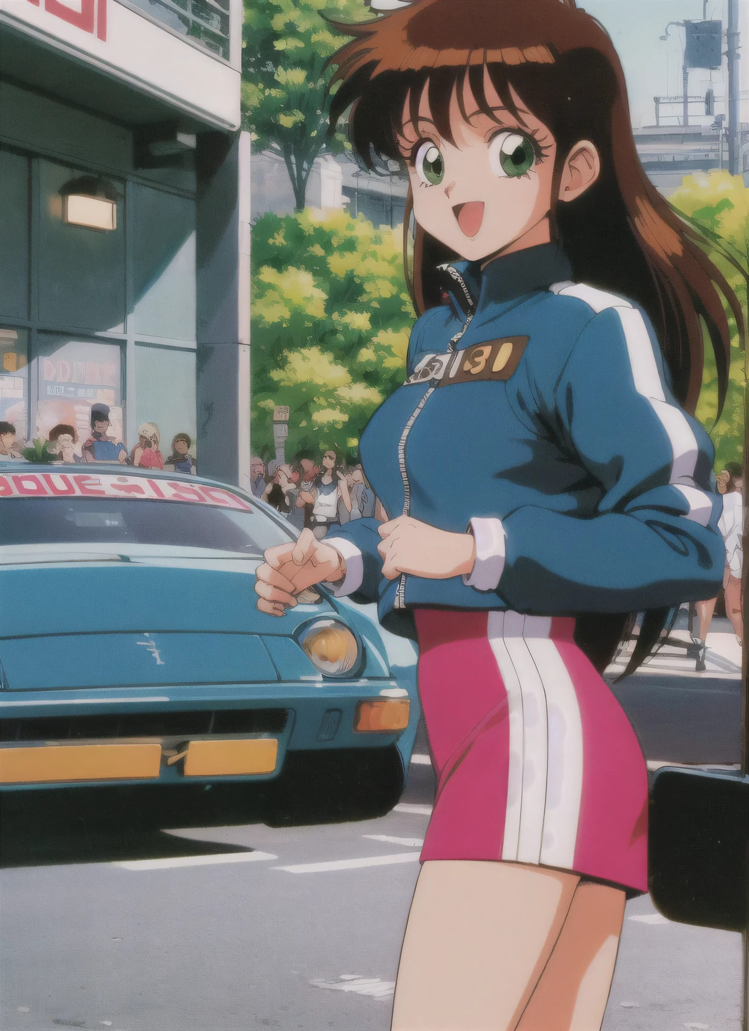 Asusdol,1 girl, Alone, heart, hair ornament, green eyes、 jacket, Green Dress, retro art style for stilets, open mouth, 1990s ( style for stilets), looking at viewer, smile, outdoors on the street at night, null, cowboy shot, clevis cut out, race queen