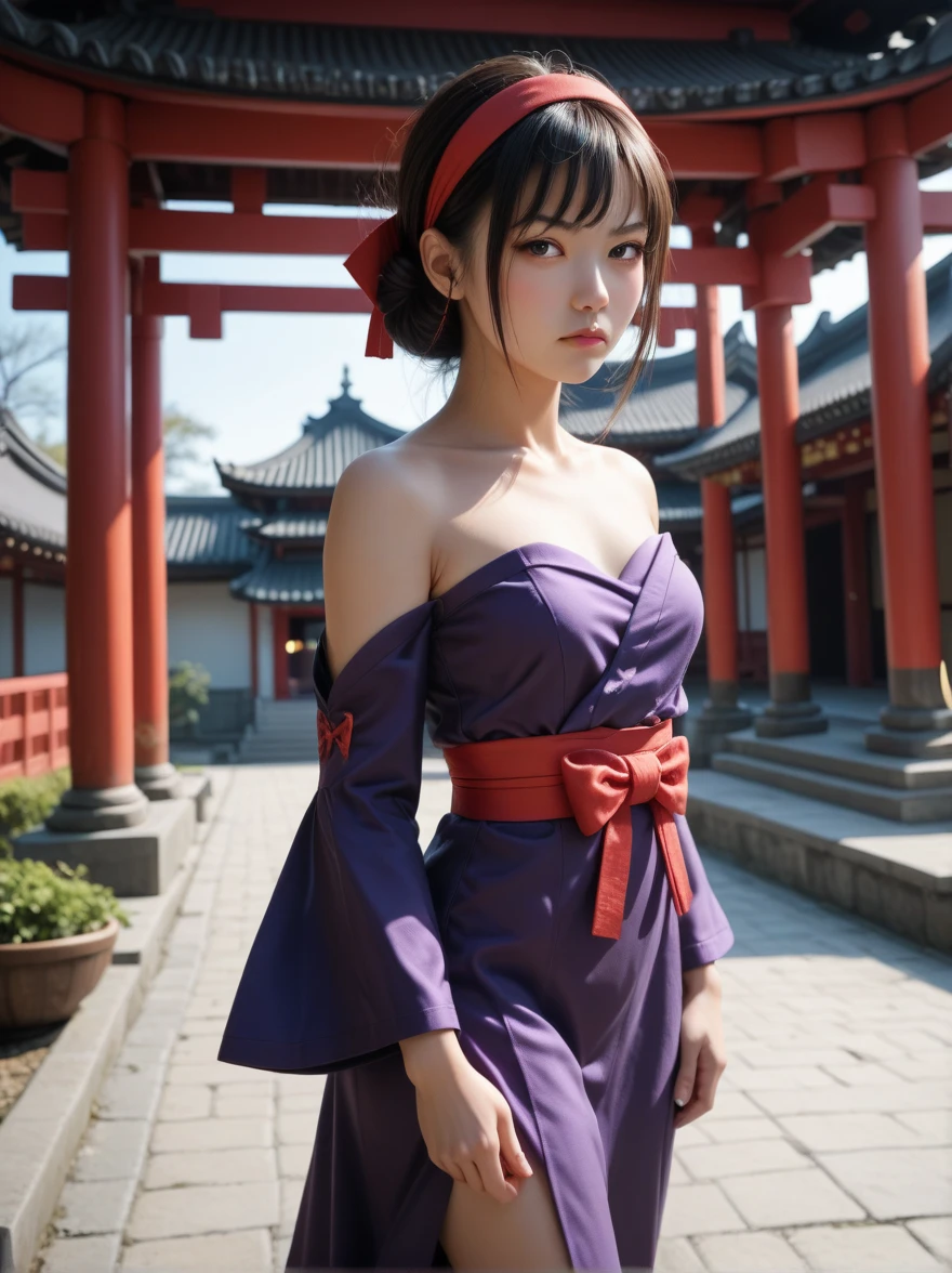 Ayane,  headband , Ayanedef,  strapless dress , heart, Bare shoulders,  purple detachable sleeves,  purple knee high, Japanese clothing, Purple Dress,  Red Back Bow ,  One girl , Alone, Kunai, Serious, East Asian architecture
Masterpiece ,  top quality 