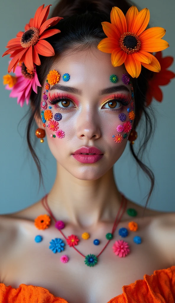 Create facial makeup with flowers, only flashy makeup