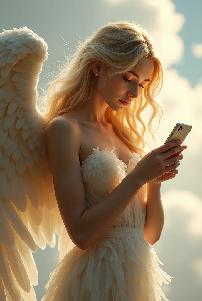 an angel taking a mirror selfie with phone.
