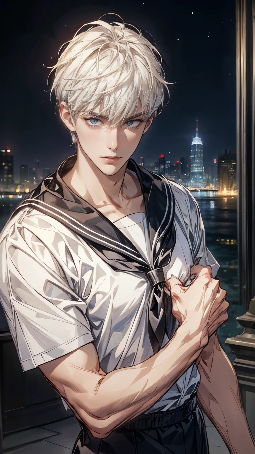 (One beautiful handsome man), (white short hair), bangs, (beautiful eyes), beautiful big eye highlights, Beautiful double eyelids, broadly grinning, pointy nose, Smooth and glowing skin, striped shirt, (sailor collar), muscularity, good hands, Digital painting, 16K, Best quality, ((masterpiece)), ((ultra-detailed)), nsfw, medium shot, anatomically correct, look at us, Nobody's here, Skyscrapers at night
