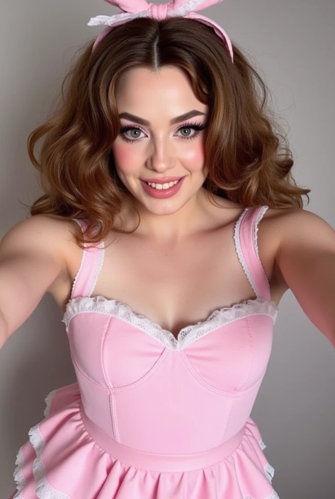 Slim tall athletic woman, age 25, 8k (High definition), looks like ElenaKoshkaQuiron, beautiful, facing straight at the camera, innocent, seducing gaze, blue big bug eyes, wearing a frilly pink ****ta dress, sissy, high petticoat skirt, bow in her hair, bow in her hair, white stockings, dressed in a sexy pink maid outfit, Caucasian pale skin, drag queen makeup, wavy thick brown wig ((at shoulder height)), curvy, small perky breasts, selfie, for instagram, smiling