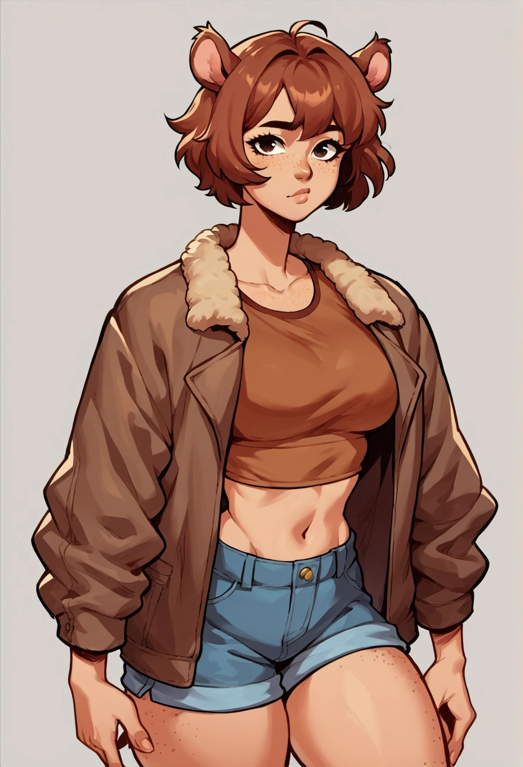 score_9, score_8_up, score_7_up, score_6_up, score_5_up, score_4_up, (source_anime), squirrel girl, big thighs, short hair, 1girl, solo, freckles, brown aviator jacket, brown jorts, thicc, brown crop top, marvel squirrel girl