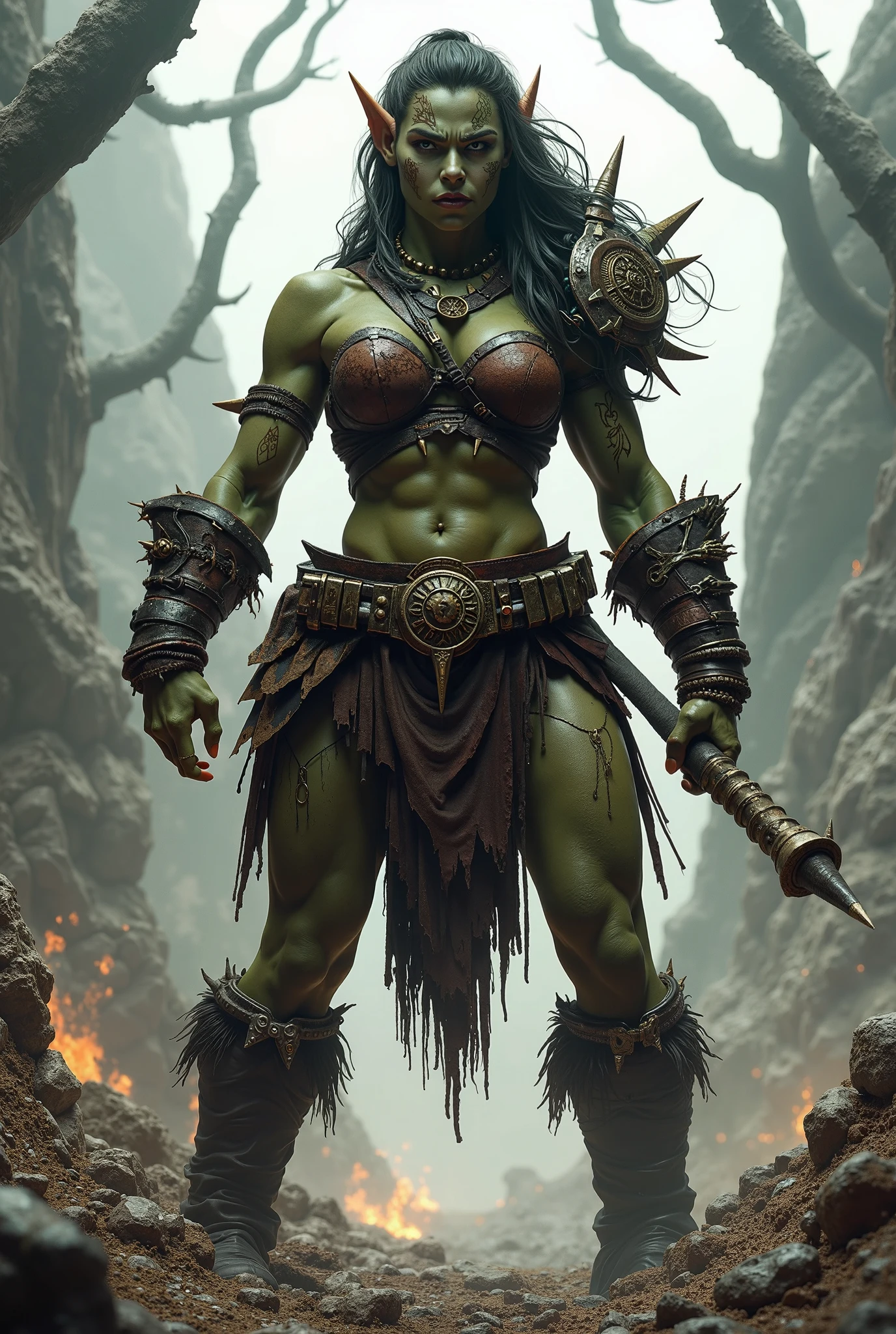 (best quality,4k,8k,highres,masterpiece:1.2),ultra-detailed, female orc wielding an ax, BULKY, smiling and laughing while in battle, under bite, Orc Diffusion, HDR, 8k, absurdres, cinestill 800, sharp focus, add_detail:2, (solo, woman)