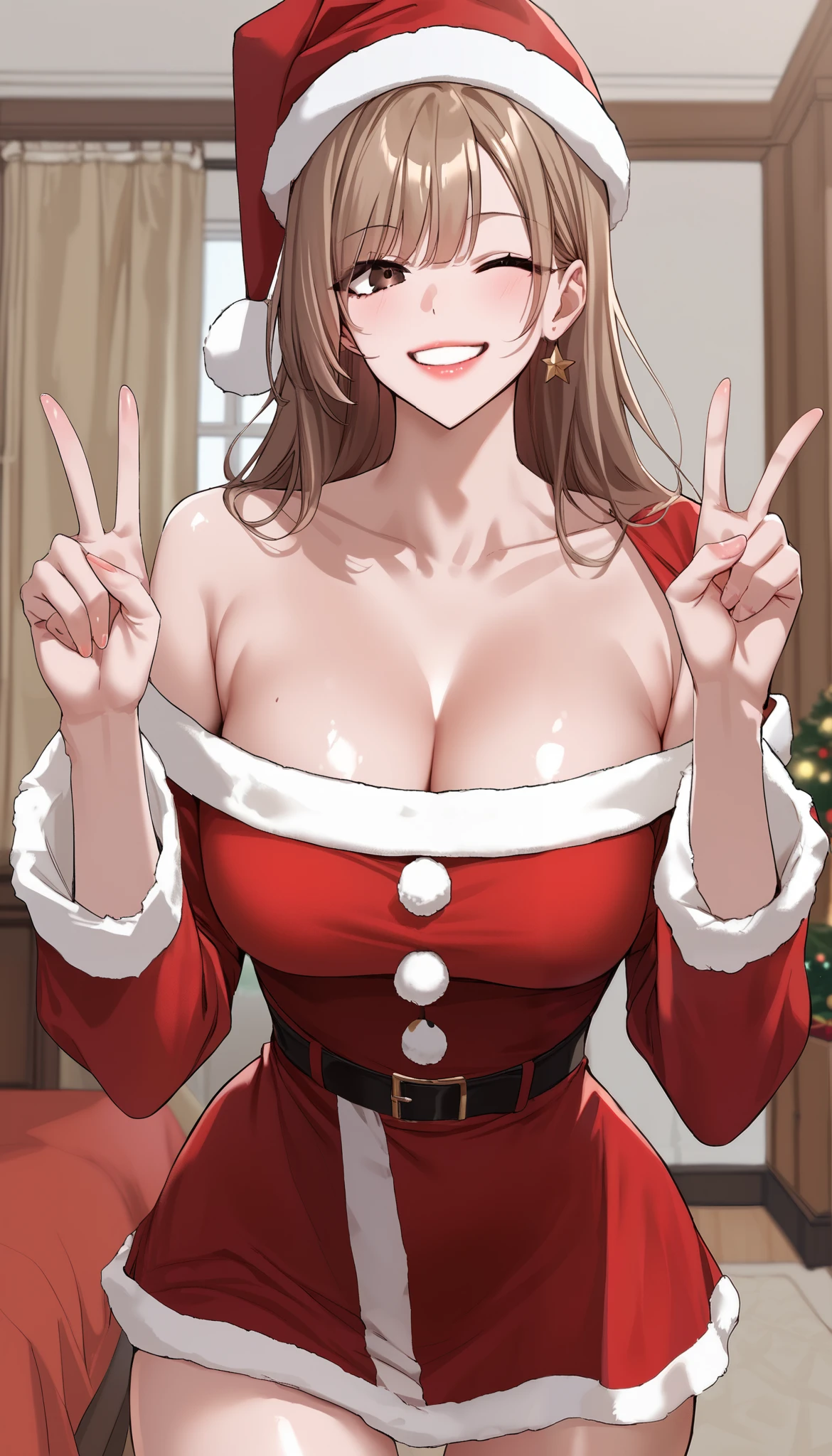 score_9, score_8_up, score_7_up, score_6_up, source_anime, rating_explicit, masterpiece, best quality, amazing quality, 1girl, solo, Kim Ga-eul, brown eyes, brown hair, long hair, (santa claus dress, long sleeve, off-shoulder, santa claus hat), medium breast, cleavage, wide hips, beautiful eyes, looking at viewer, wink, smile, close mouth, double v gesture, standing, cowboy shot, shiny skin, detailed background, indoors, bedroom